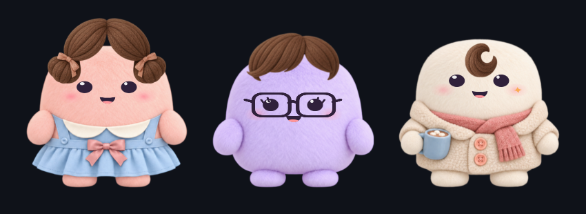 Three personalized Nubis with pigtails, a side-swoop hairstyle and glasses, and a curl with starry makeup.