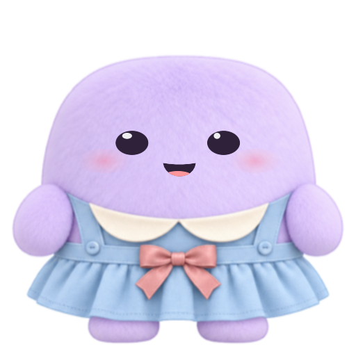 Lavender Nubi wearing a blue dress with a peach ribbon.
