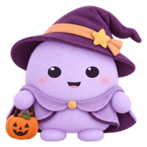 Lavender Nubi in a purple Halloween hat and cape, holding a pumpkin.