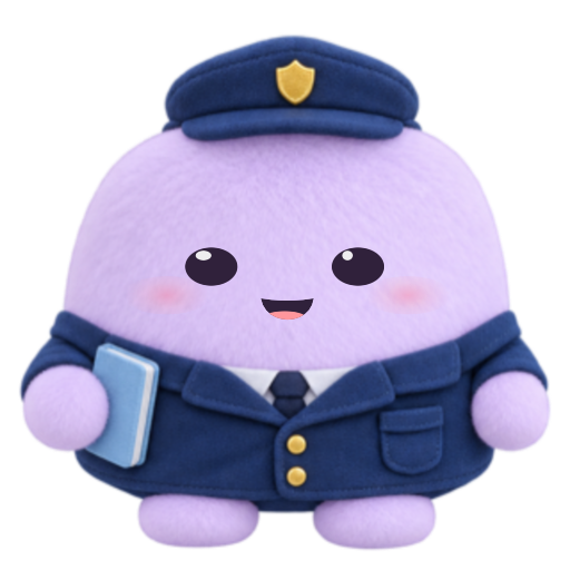 Nubi in a soft police outfit with cap and notebook.