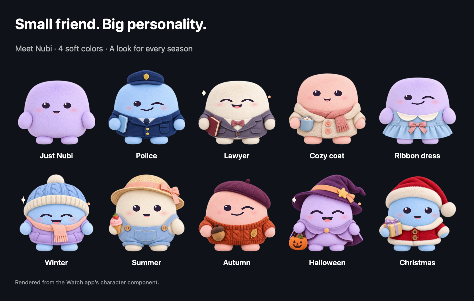 Ten Nubi looks: Just Nubi, Police, Lawyer, Cozy coat, Ribbon dress, Winter, Summer, Autumn, Halloween, and Christmas.